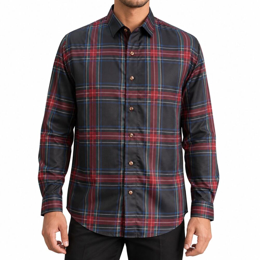 Mens Large Black Red Tartan Plaid Satin Silky Long Sleeve Dress Shirt Party NWT